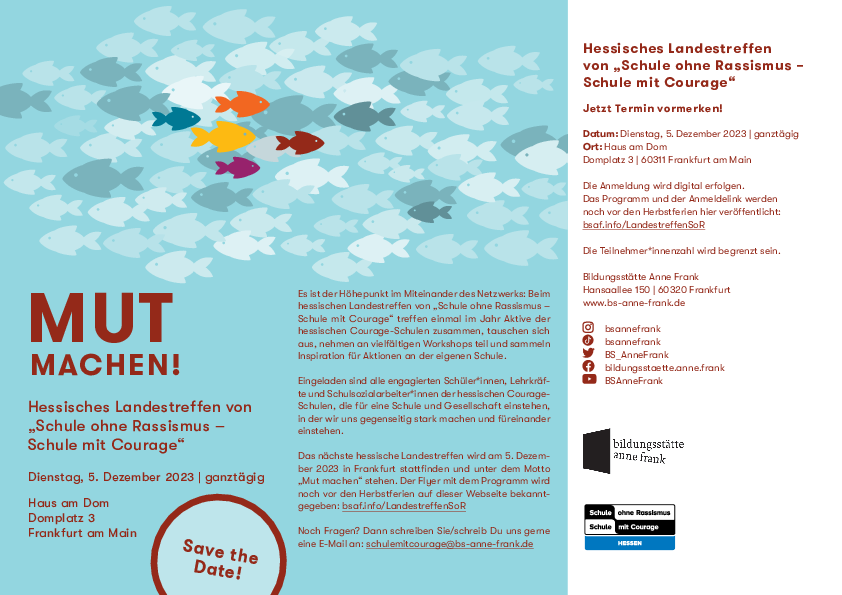 Save-the-Date-Flyer zum hessischen Landestreffen von „Schule ohne Rassismus – Schule ohne Courage“ im Dezember 2023